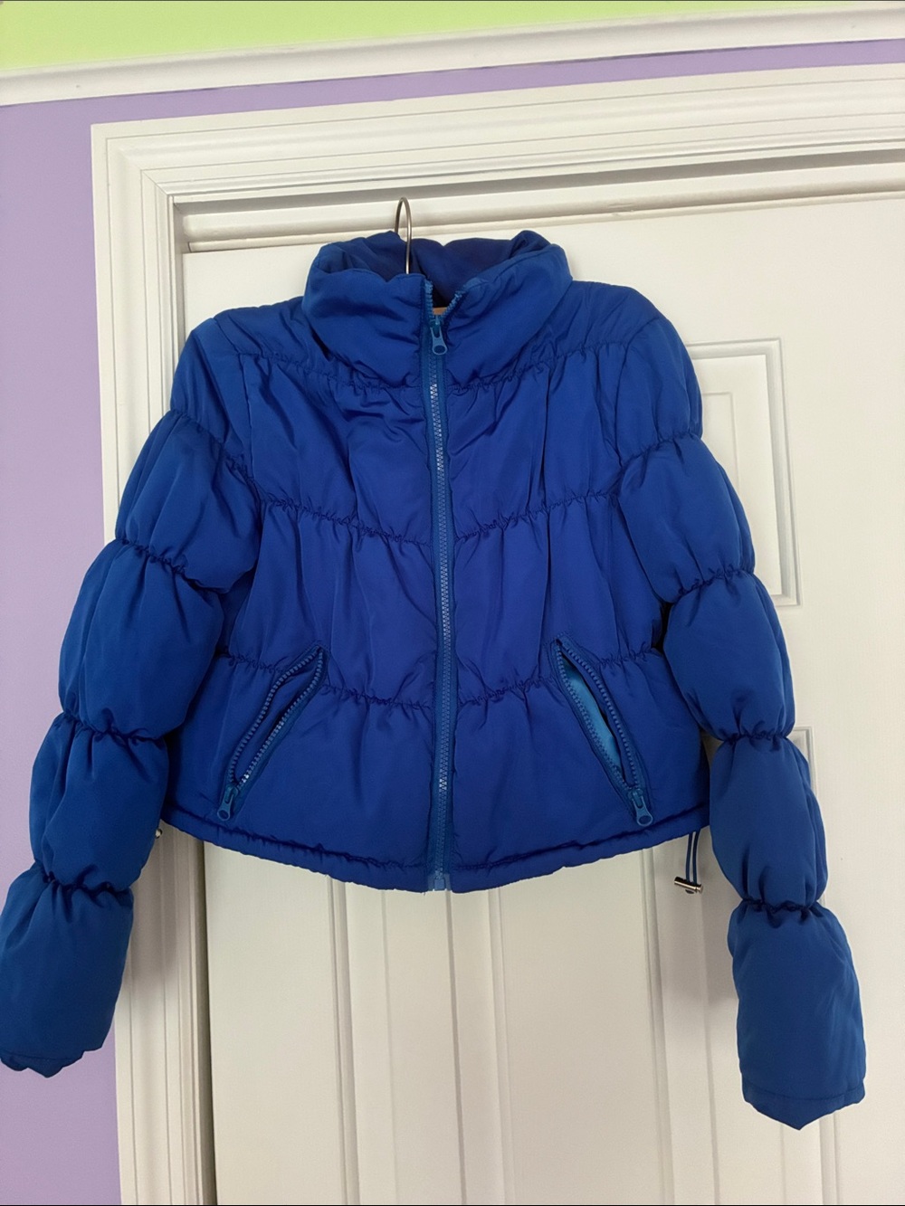 Game Day Cropped Blue Puffer Jacket - Warm Coat